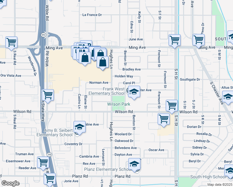map of restaurants, bars, coffee shops, grocery stores, and more near 2400 Echo Avenue in Bakersfield