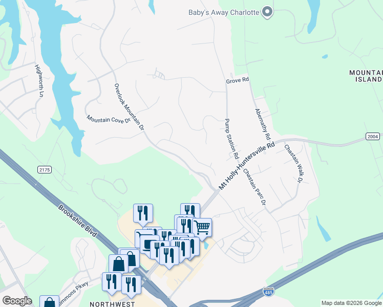 map of restaurants, bars, coffee shops, grocery stores, and more near Andrew James Drive in Charlotte