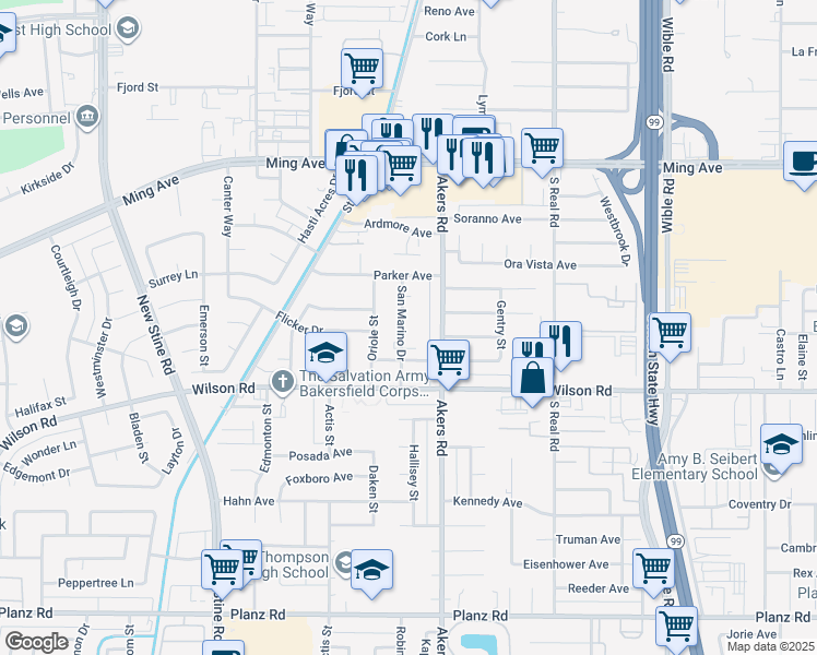 map of restaurants, bars, coffee shops, grocery stores, and more near 2304 San Marino Drive in Bakersfield