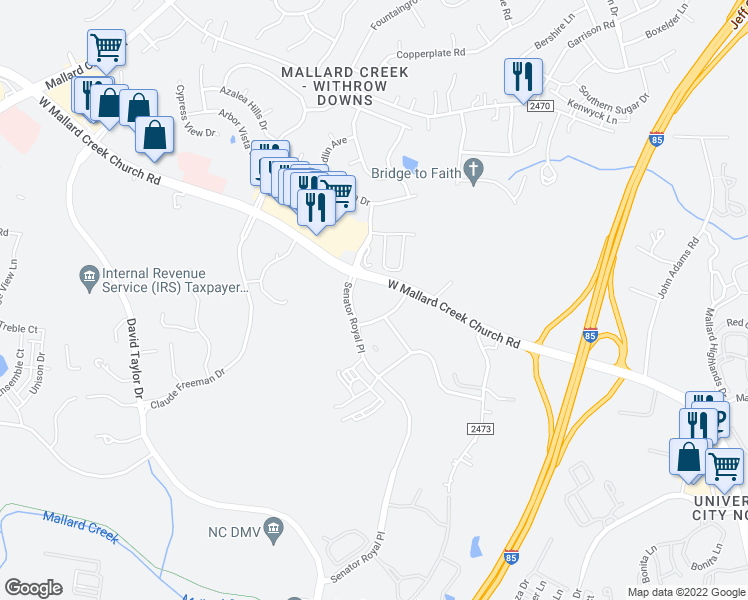 map of restaurants, bars, coffee shops, grocery stores, and more near 1835 West Mallard Creek Church Road in Charlotte