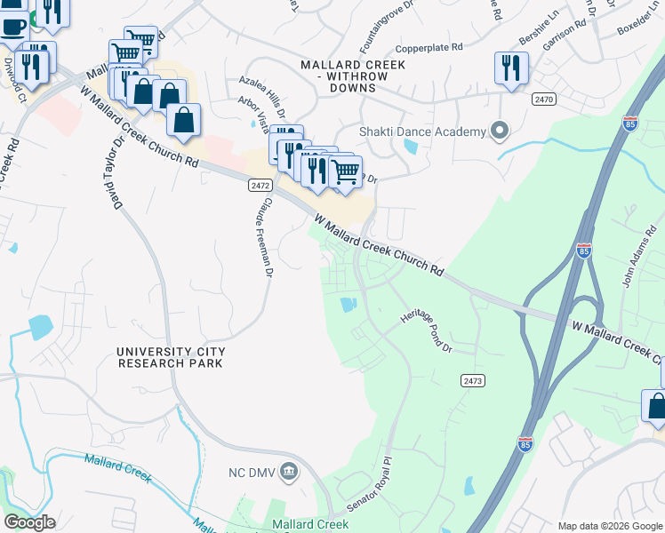map of restaurants, bars, coffee shops, grocery stores, and more near 1919 West Mallard Creek Church Road in Charlotte