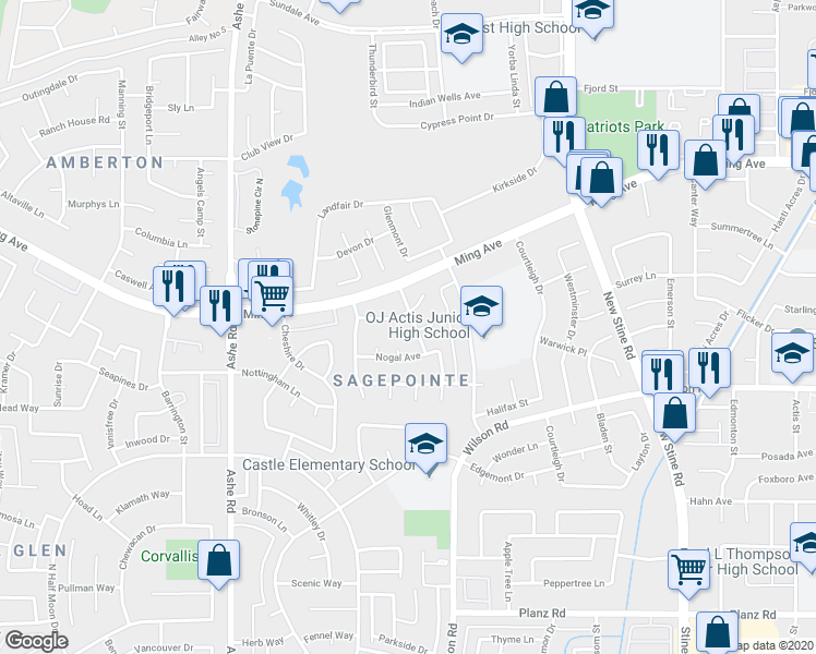 map of restaurants, bars, coffee shops, grocery stores, and more near 2201 Pinon Springs Circle in Bakersfield