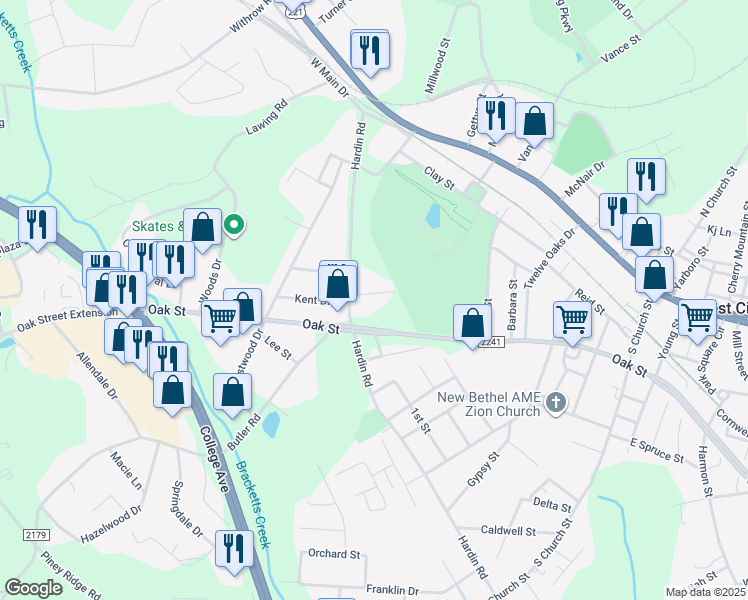 map of restaurants, bars, coffee shops, grocery stores, and more near 132 Bellvue Street in Forest City