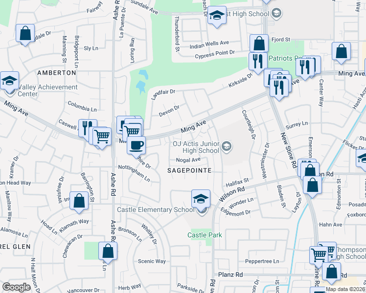 map of restaurants, bars, coffee shops, grocery stores, and more near 2300 Nogal Court in Bakersfield