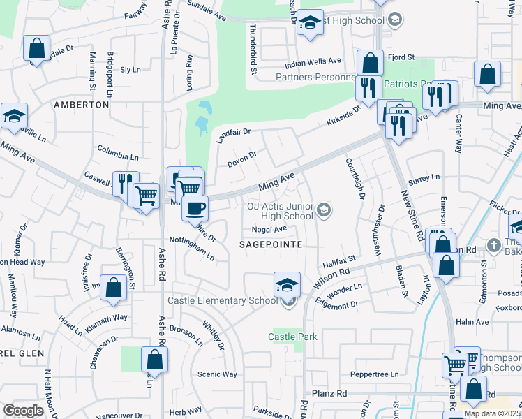 map of restaurants, bars, coffee shops, grocery stores, and more near 2300 Nogal Court in Bakersfield