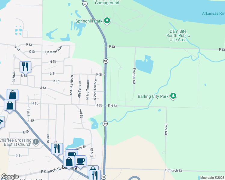 map of restaurants, bars, coffee shops, grocery stores, and more near 1023 Springhill Road in Barling