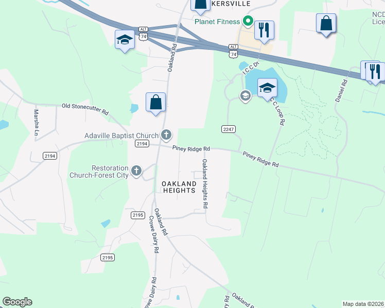 map of restaurants, bars, coffee shops, grocery stores, and more near 184 Piney Ridge Road in Spindale