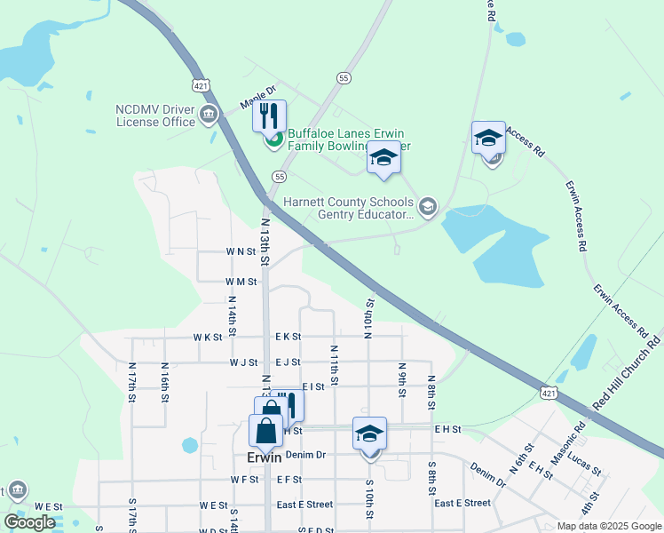 map of restaurants, bars, coffee shops, grocery stores, and more near 203 East Jackson Boulevard in Erwin
