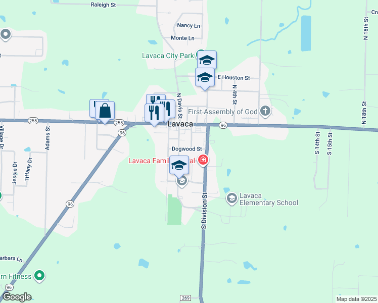 map of restaurants, bars, coffee shops, grocery stores, and more near 203 West Dogwood in Lavaca