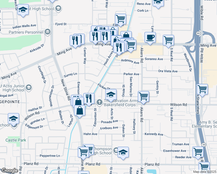 map of restaurants, bars, coffee shops, grocery stores, and more near 4408 Flicker Drive in Bakersfield