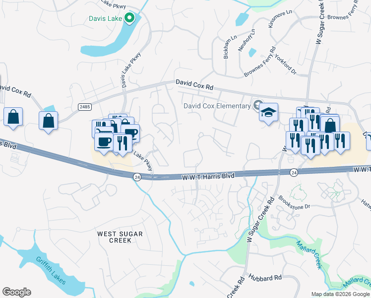map of restaurants, bars, coffee shops, grocery stores, and more near 4545 Sugarberry Drive in Charlotte