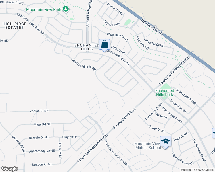 map of restaurants, bars, coffee shops, grocery stores, and more near 6848 Augusta Hills Drive Northeast in Rio Rancho