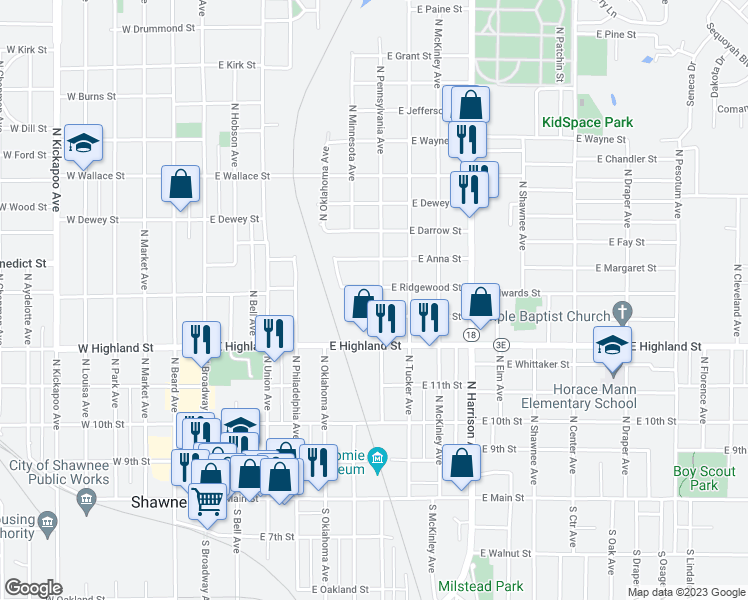 map of restaurants, bars, coffee shops, grocery stores, and more near 620 North Pennsylvania Avenue in Shawnee