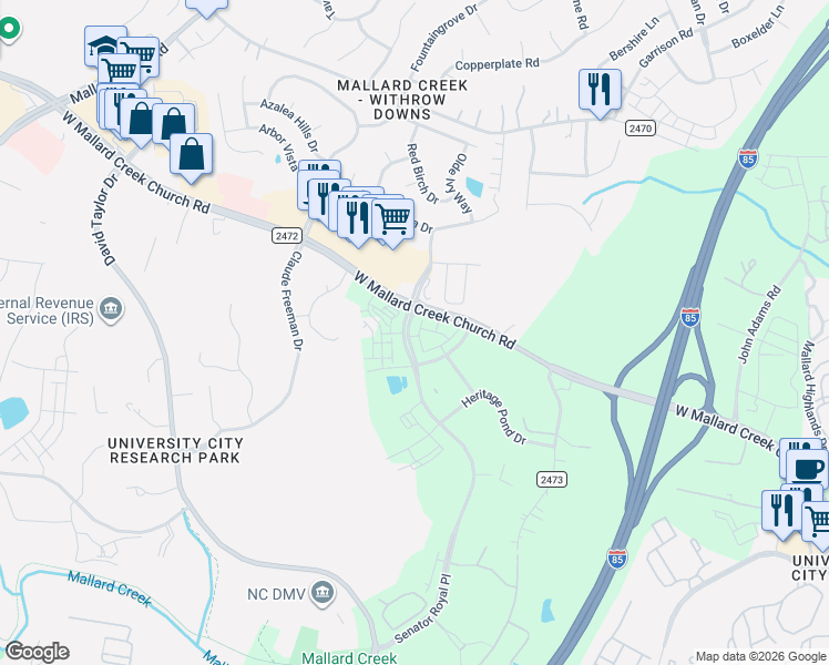 map of restaurants, bars, coffee shops, grocery stores, and more near 9440 Senator Royall Drive in Charlotte