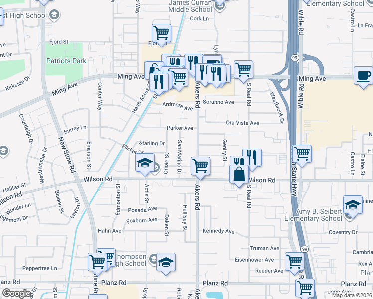 map of restaurants, bars, coffee shops, grocery stores, and more near 2306 San Marino Drive in Bakersfield