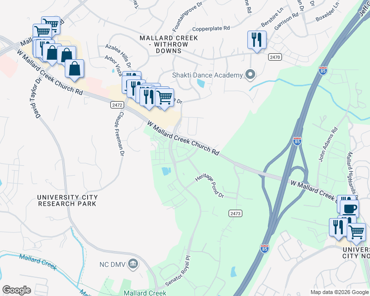 map of restaurants, bars, coffee shops, grocery stores, and more near 1835 West Mallard Creek Church Road in Charlotte