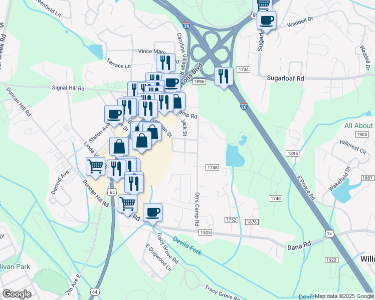 map of restaurants, bars, coffee shops, grocery stores, and more near 408 Jack Street in Hendersonville