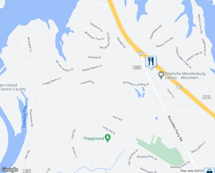 map of restaurants, bars, coffee shops, grocery stores, and more near 2614 Rozzelles Landing Drive in Charlotte