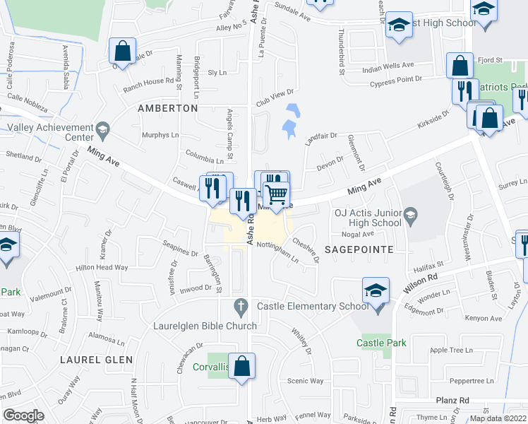 map of restaurants, bars, coffee shops, grocery stores, and more near 6451 Ming Avenue in Bakersfield