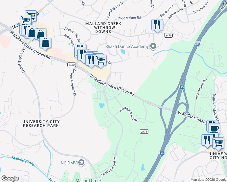map of restaurants, bars, coffee shops, grocery stores, and more near 1835 West Mallard Creek Church Road in Charlotte