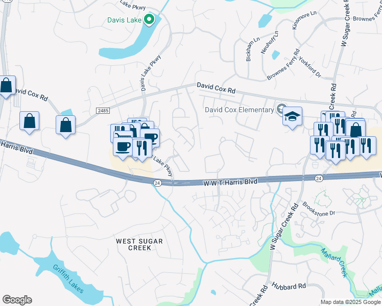 map of restaurants, bars, coffee shops, grocery stores, and more near 8214 Chaceview Court in Charlotte