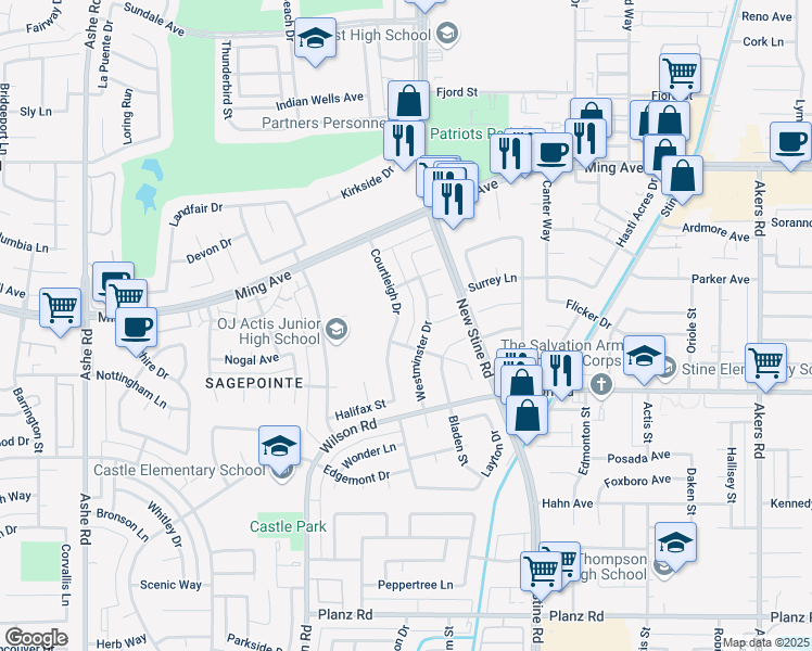 map of restaurants, bars, coffee shops, grocery stores, and more near 2204 Courtleigh Drive in Bakersfield