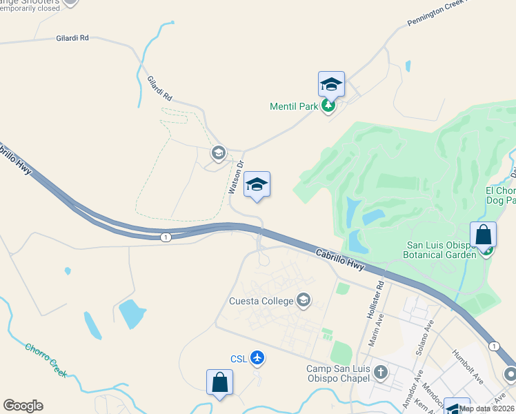 map of restaurants, bars, coffee shops, grocery stores, and more near 3350 Education Drive in San Luis Obispo