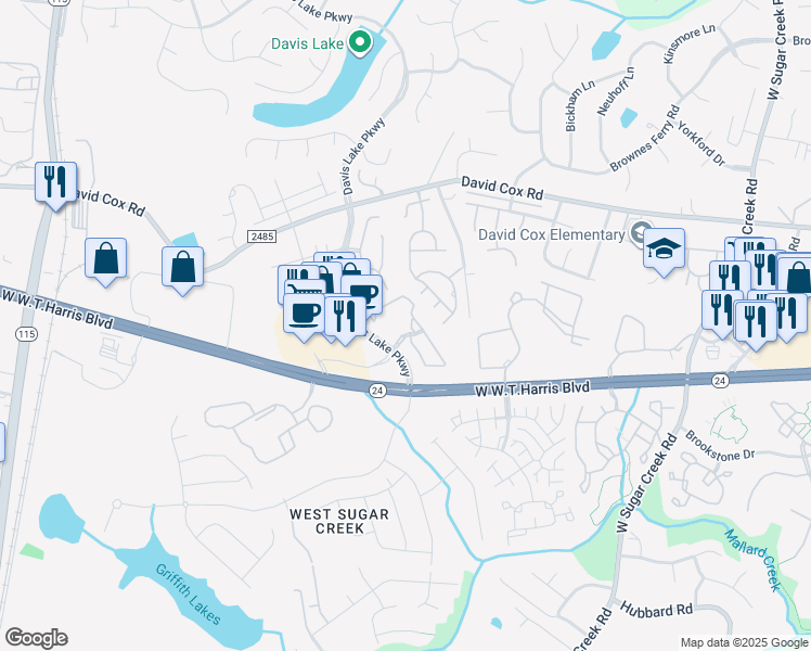 map of restaurants, bars, coffee shops, grocery stores, and more near 8201 University Station Circle in Charlotte