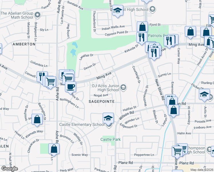 map of restaurants, bars, coffee shops, grocery stores, and more near 5824 Caoba Court in Bakersfield