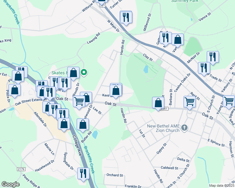 map of restaurants, bars, coffee shops, grocery stores, and more near 108 Kent Drive in Forest City