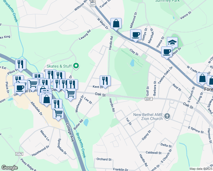 map of restaurants, bars, coffee shops, grocery stores, and more near 108 Kent Drive in Forest City
