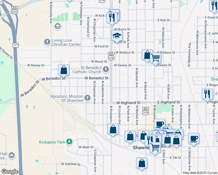 map of restaurants, bars, coffee shops, grocery stores, and more near 537 North Kickapoo Avenue in Shawnee