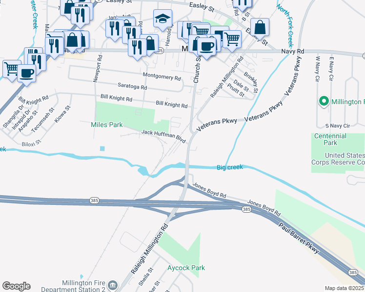 map of restaurants, bars, coffee shops, grocery stores, and more near 7626 Old Raleigh Millington Road in Millington