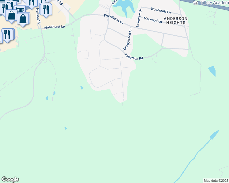 map of restaurants, bars, coffee shops, grocery stores, and more near 704 Wilshire Drive in Albemarle