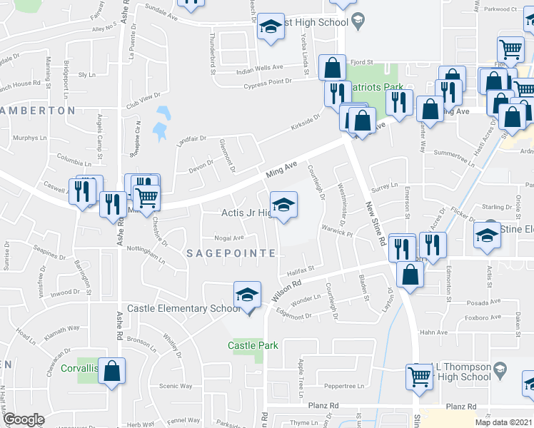 map of restaurants, bars, coffee shops, grocery stores, and more near 2309 Westholme Boulevard in Bakersfield