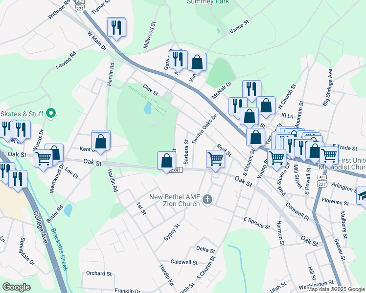 map of restaurants, bars, coffee shops, grocery stores, and more near 142 Barbara Street in Forest City