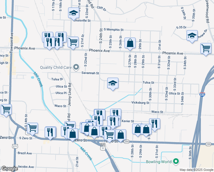 map of restaurants, bars, coffee shops, grocery stores, and more near 5027 Allison Lane in Fort Smith