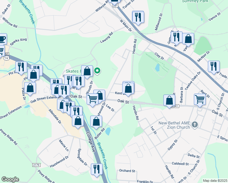 map of restaurants, bars, coffee shops, grocery stores, and more near 174 Kent Drive in Forest City