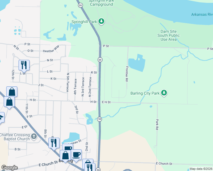 map of restaurants, bars, coffee shops, grocery stores, and more near 1023 Springhill Road in Barling