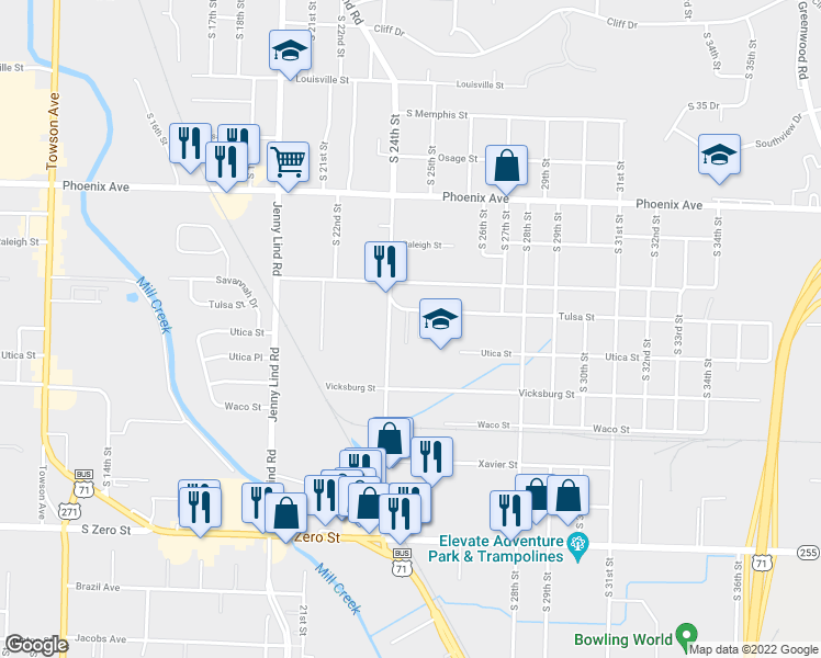 map of restaurants, bars, coffee shops, grocery stores, and more near 5011 Allison Lane in Fort Smith