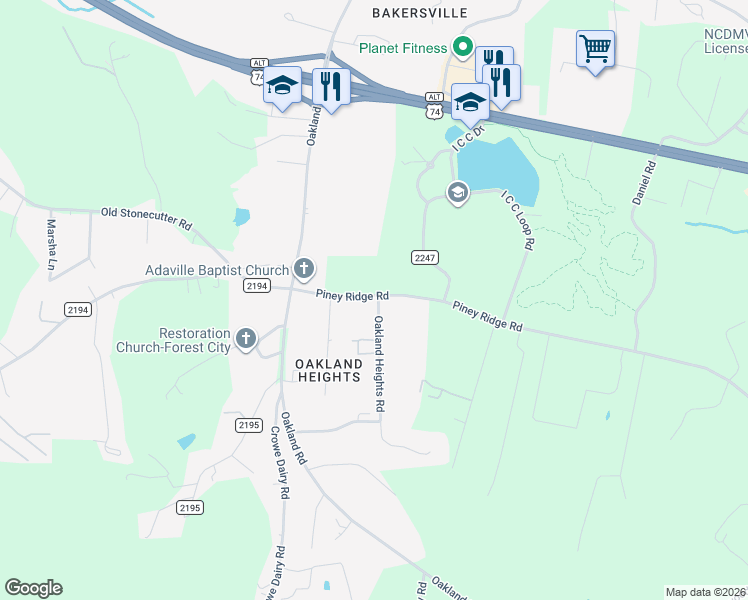 map of restaurants, bars, coffee shops, grocery stores, and more near 184 Piney Ridge Road in Spindale