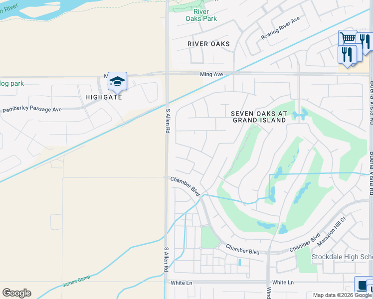 map of restaurants, bars, coffee shops, grocery stores, and more near 12710 Eversham Drive in Bakersfield