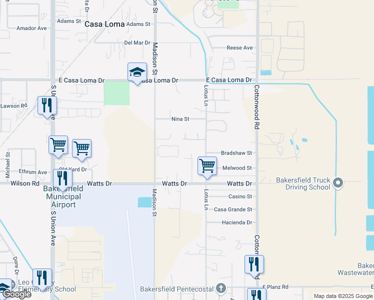 map of restaurants, bars, coffee shops, grocery stores, and more near 1902 Lotus Lane in Bakersfield