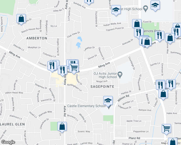 map of restaurants, bars, coffee shops, grocery stores, and more near 2617 Pinon Springs Circle in Bakersfield