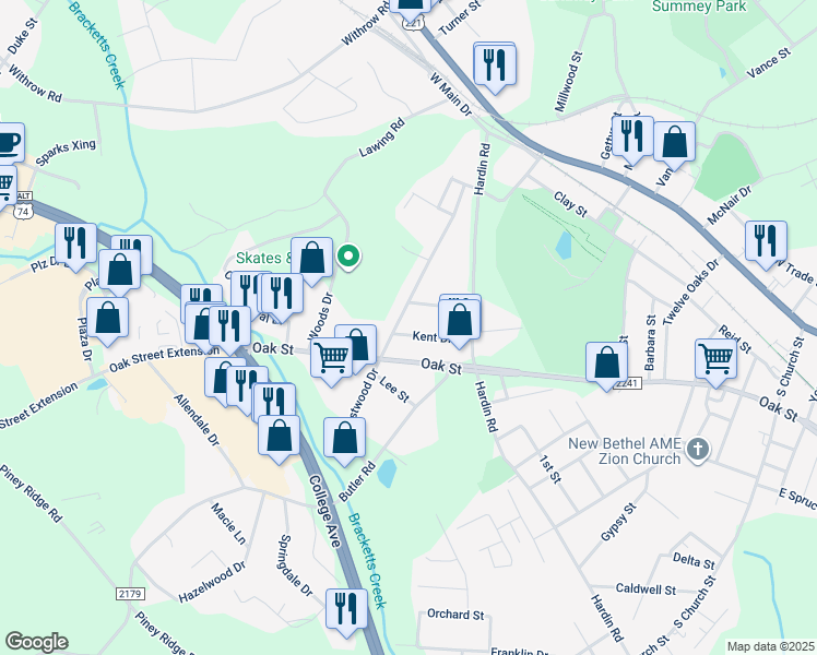 map of restaurants, bars, coffee shops, grocery stores, and more near 174 Kent Drive in Forest City