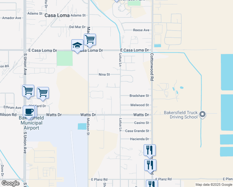map of restaurants, bars, coffee shops, grocery stores, and more near 1902 Lotus Lane in Bakersfield