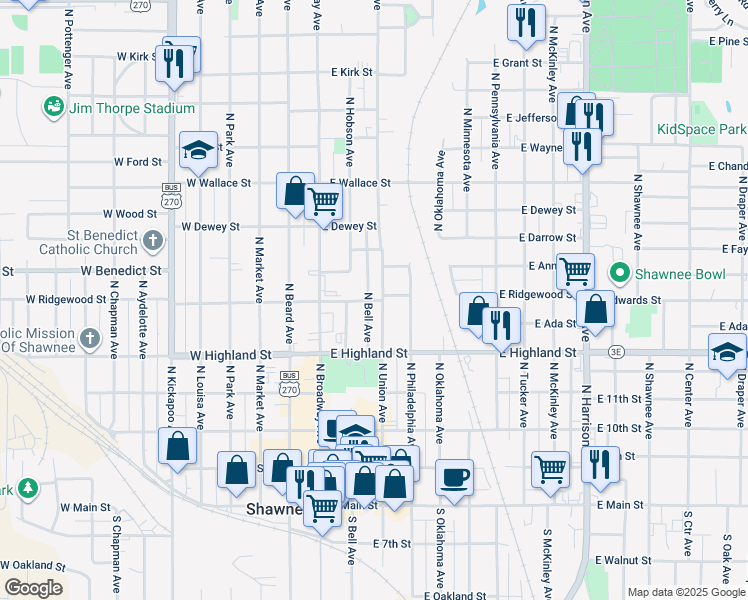 map of restaurants, bars, coffee shops, grocery stores, and more near 204 East Ridgewood Street in Shawnee