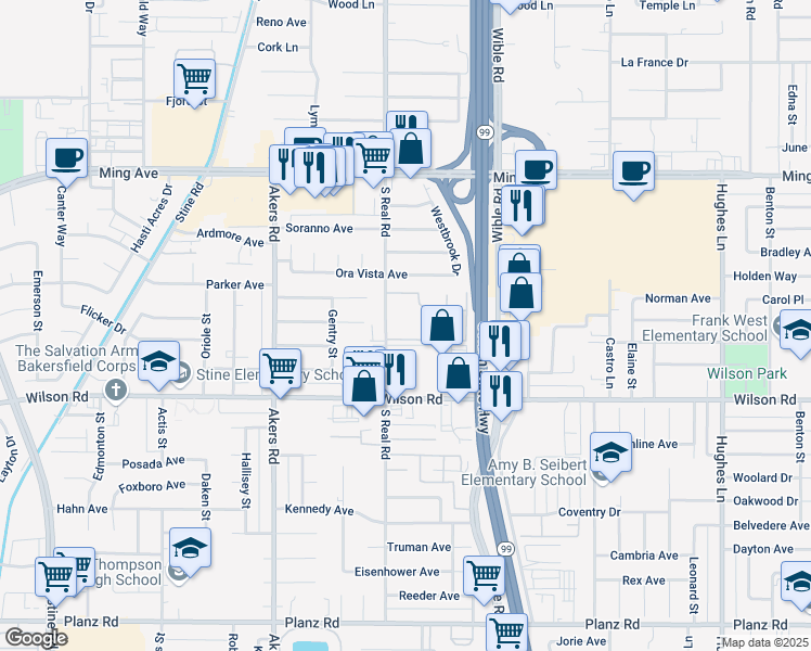 map of restaurants, bars, coffee shops, grocery stores, and more near 2218 South Real Road in Bakersfield