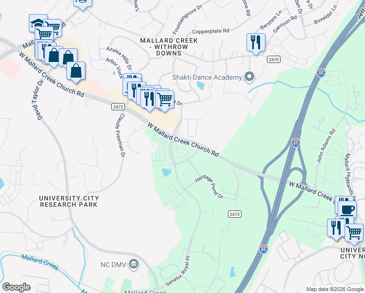 map of restaurants, bars, coffee shops, grocery stores, and more near 1835 West Mallard Creek Church Road in Charlotte