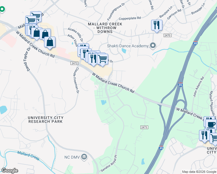 map of restaurants, bars, coffee shops, grocery stores, and more near 8774-9060 Senator Royall Drive in Charlotte